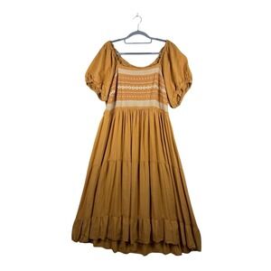 Baltic Born Midi Dress Mustard Floral Embroidered Tiered Boho Size 1XL